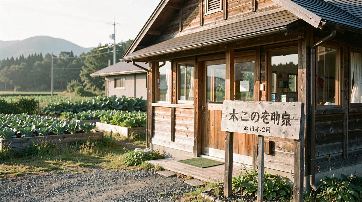 北海道 の 東部 の 農家民宿 の 玄関 前 , 朝 の 低い 日差し が 木製 の 看板 と 畑 の 畝 を 照らし , 手前 から 建物 を 斜め に 捉えた 中景 。